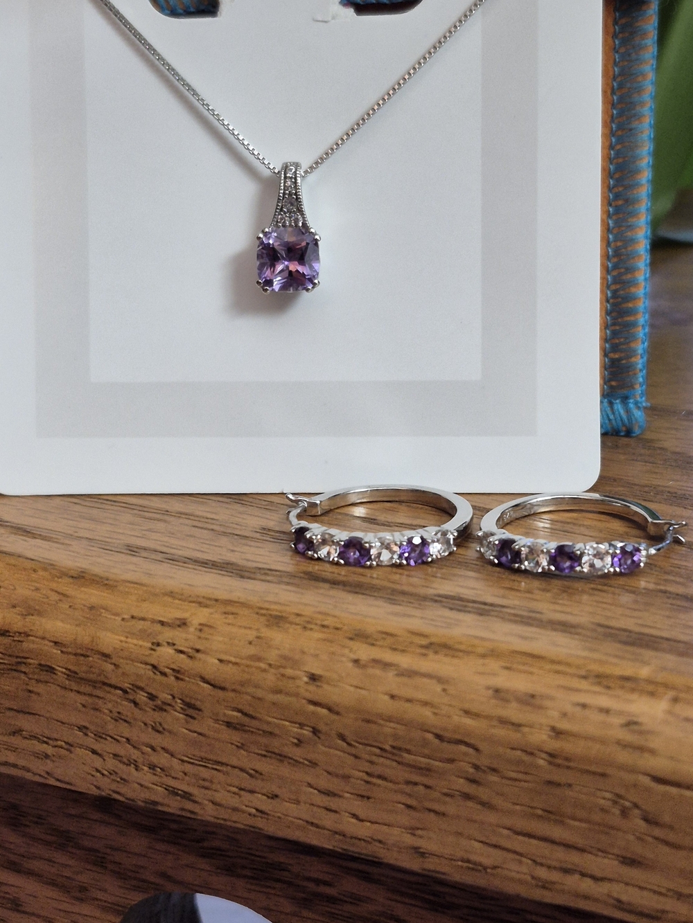 Sterling Silver Amethyst Pendant Necklace and Hoop Earrings Set - Purple